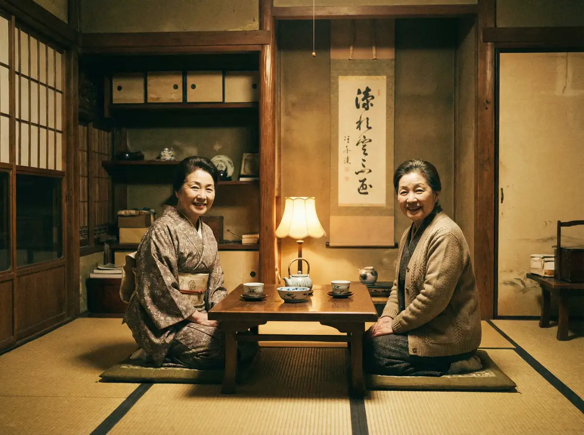 两位优雅的 91安装 在日式茶室中品茶交谈